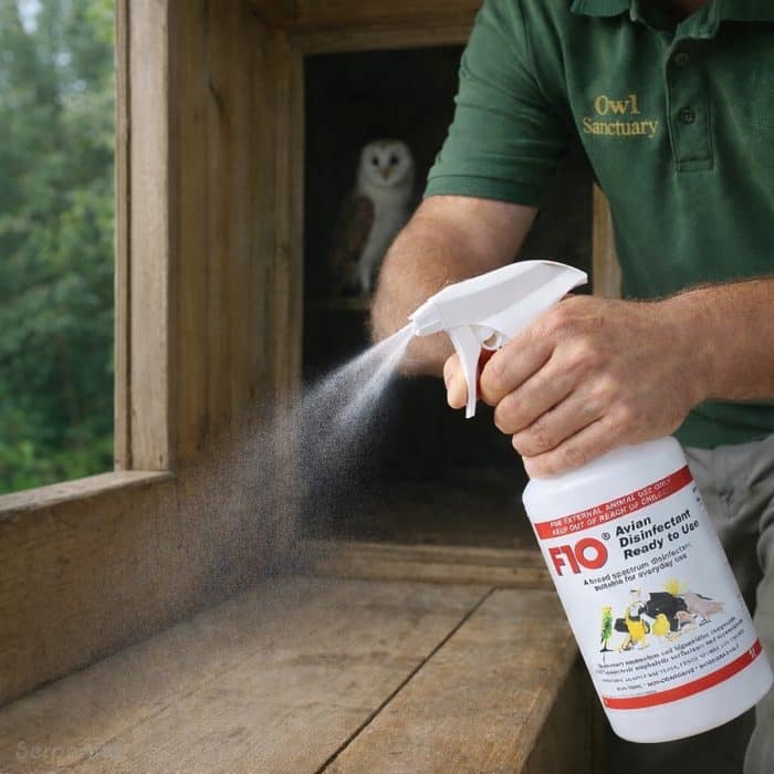 Applying F10 avian disinfectant ready to use inside a bird enclosure