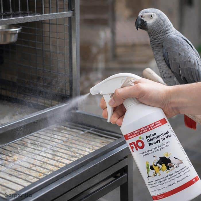 Cleaning a parrot cage using F10 avian disinfectant ready to use