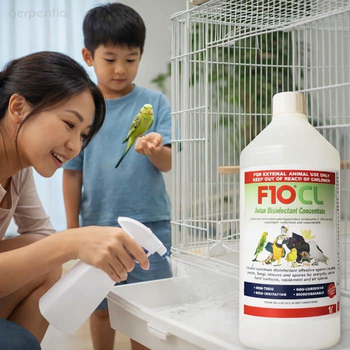 Cleaning bird cage safely using F10 CL avian disinfectant