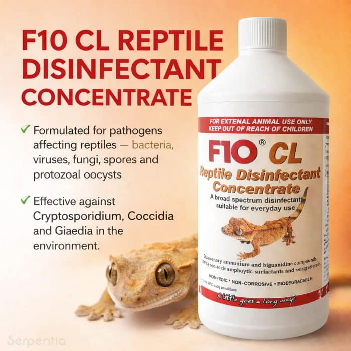 F10 CL reptile disinfectant concentrate features infographic