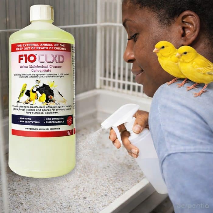 Bird cage hygiene using F10 CLXD avian disinfectant cleanser