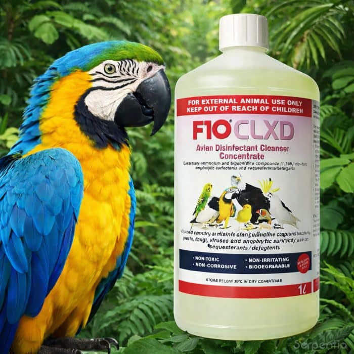 F10 CLXD avian disinfectant cleanser concentrate with parrot