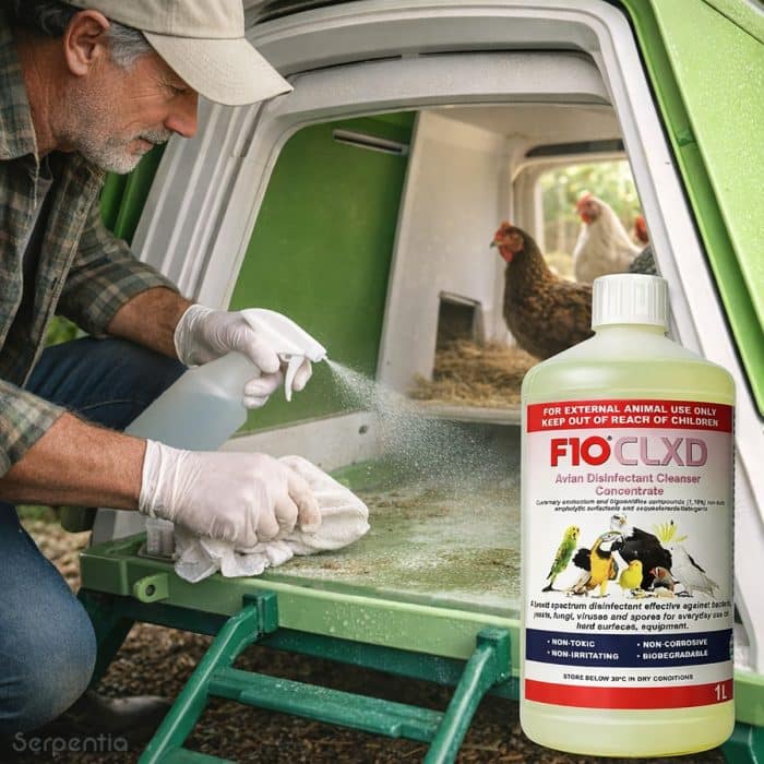 Cleaning poultry housing using F10 CLXD avian disinfectant cleanser