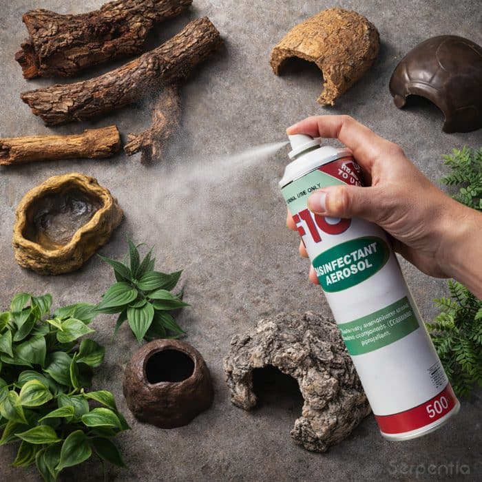 Disinfecting reptile enclosure décor using F10 disinfectant aerosol
