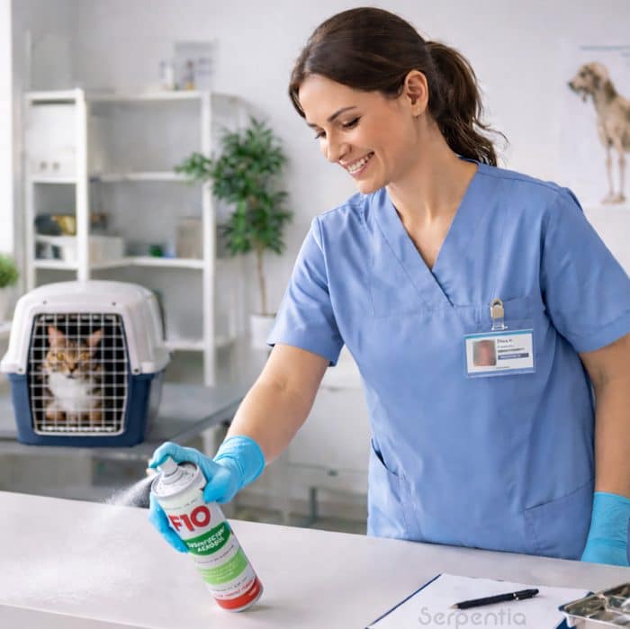 Using F10 disinfectant aerosol to clean a veterinary work surface