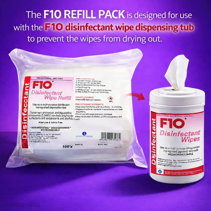 F10 disinfectant wipe refill pack designed for use with F10 wipe dispensing tub
