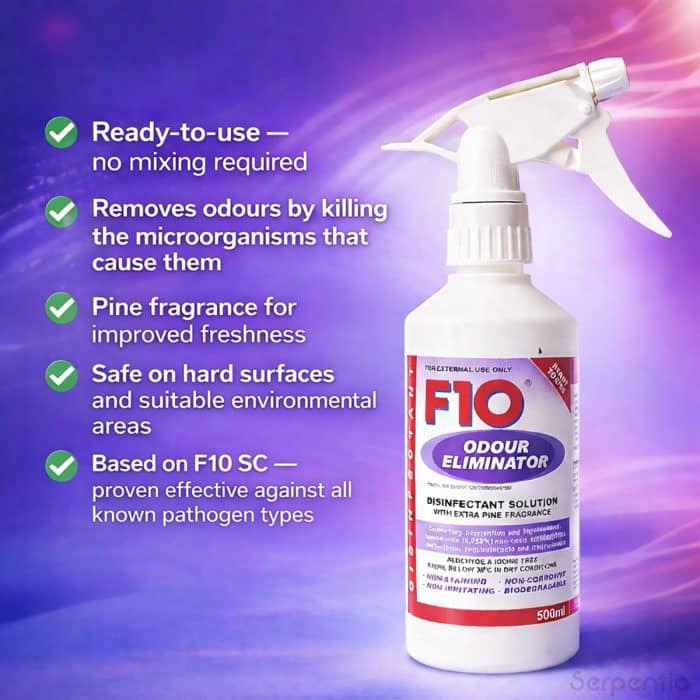 F10 odour eliminator ready to use key features and benefits infographic