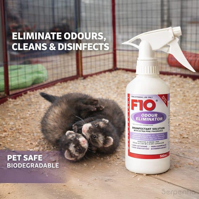 F10 odour eliminator ready to use used in a small animal enclosure