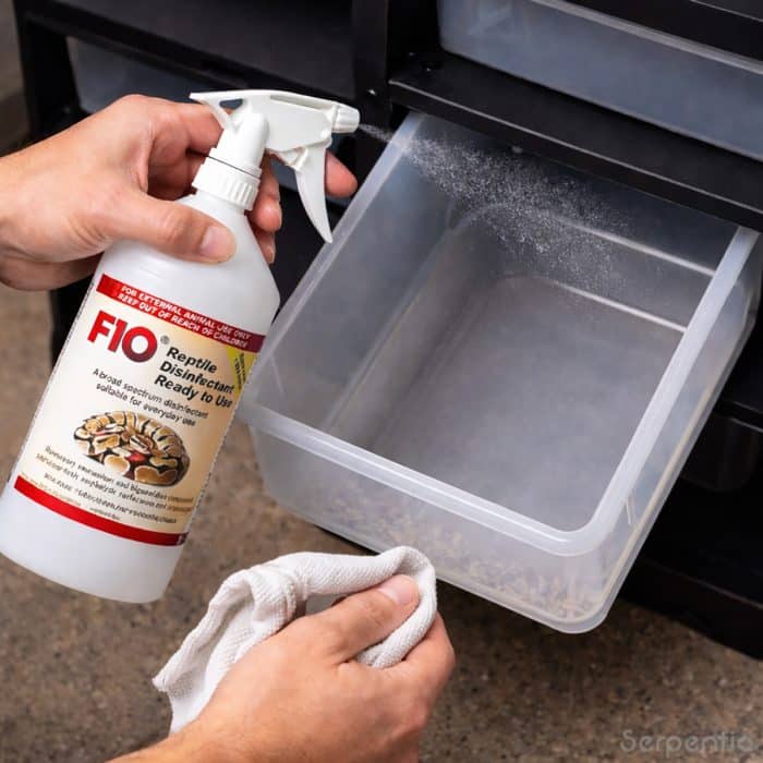 Disinfecting reptile tubs using F10 reptile disinfectant ready to use spray