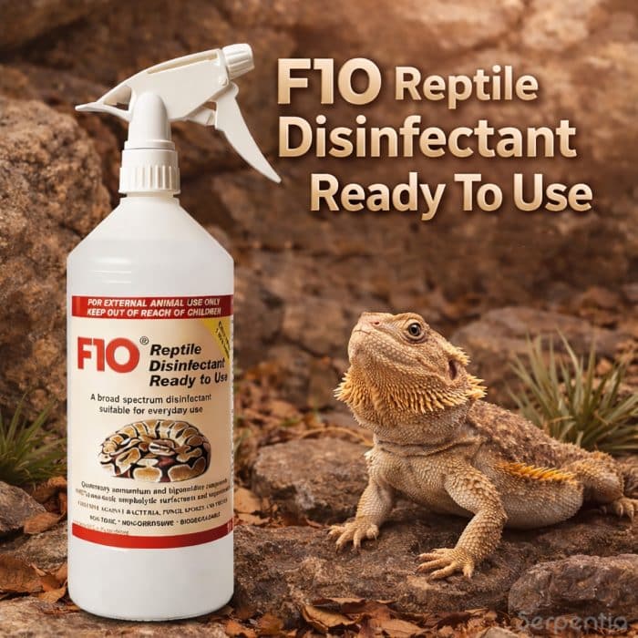 F10 reptile disinfectant ready to use spray shown with a bearded dragon
