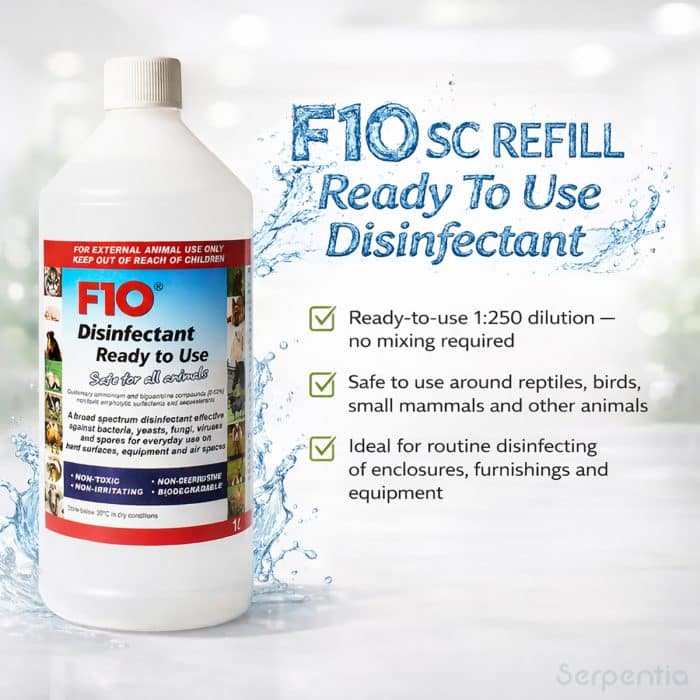 F10 SC Ready To Use Disinfectant Refill 1 Litre bottle features and benefits infographic