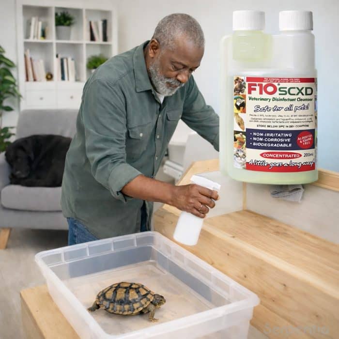 F10 SCXD veterinary disinfectant used for safe reptile enclosure cleaning