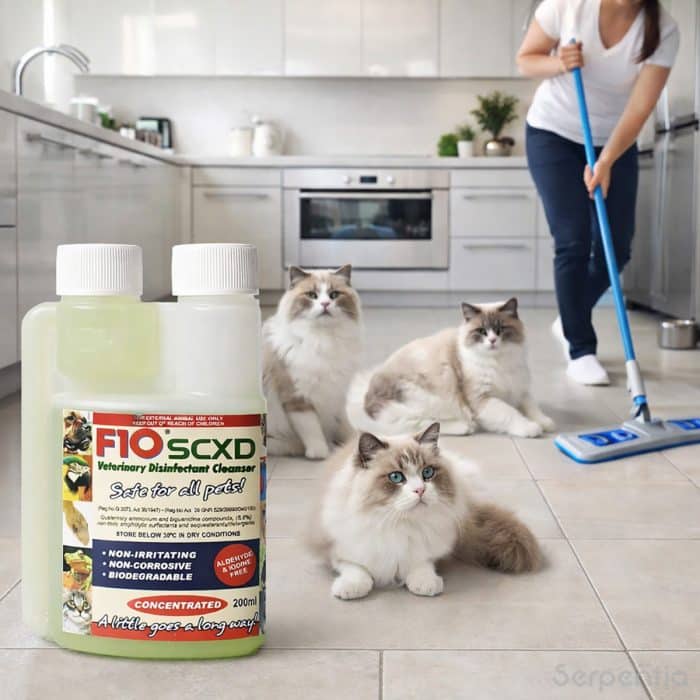 F10 SCXD veterinary disinfectant cleanser used safely in a home with cats