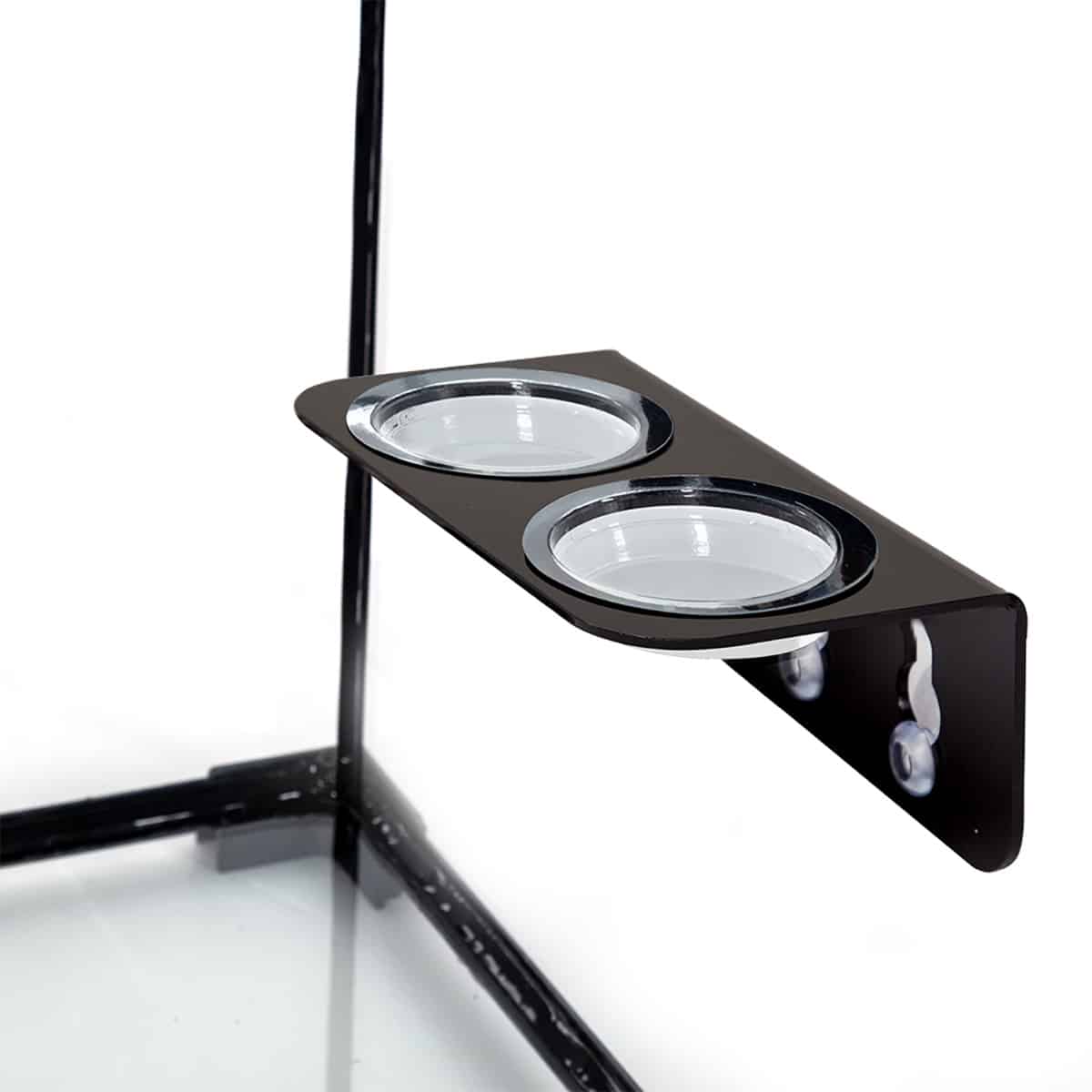HabiStat double gecko feeding ledge with clear removable cup mounted inside a glass terrarium