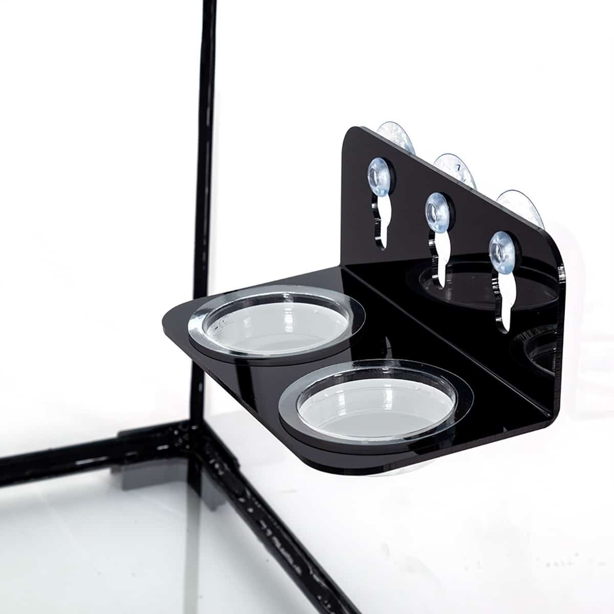 HabiStat sdouble gecko feeding ledge with clear removable cup mounted inside a glass vivarium