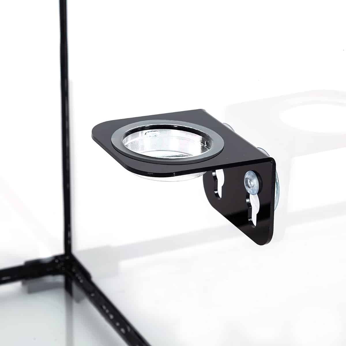 HabiStat single gecko feeding ledge with clear removable cup mounted inside a glass terrarium