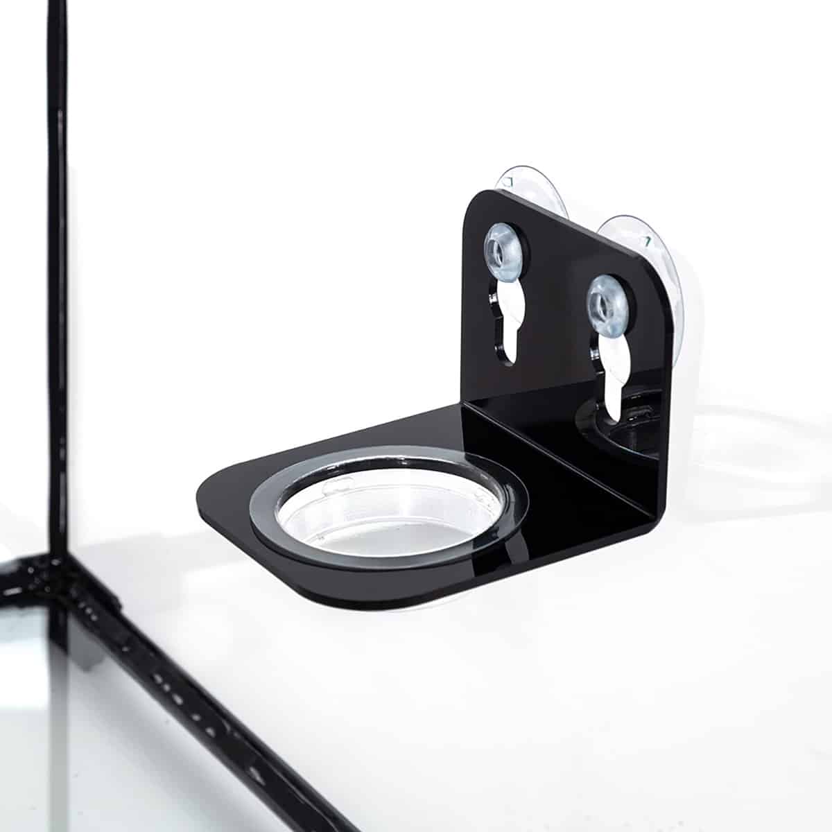 HabiStat single gecko feeding ledge with clear removable cup mounted inside a glass terrarium