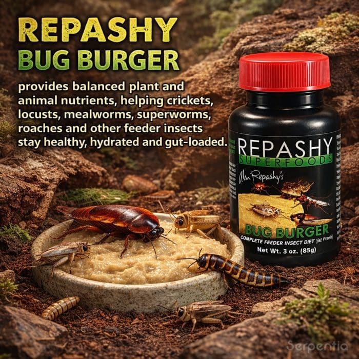 Repashy Bug Burger 85g feeder insect diet being fed to crickets and roaches