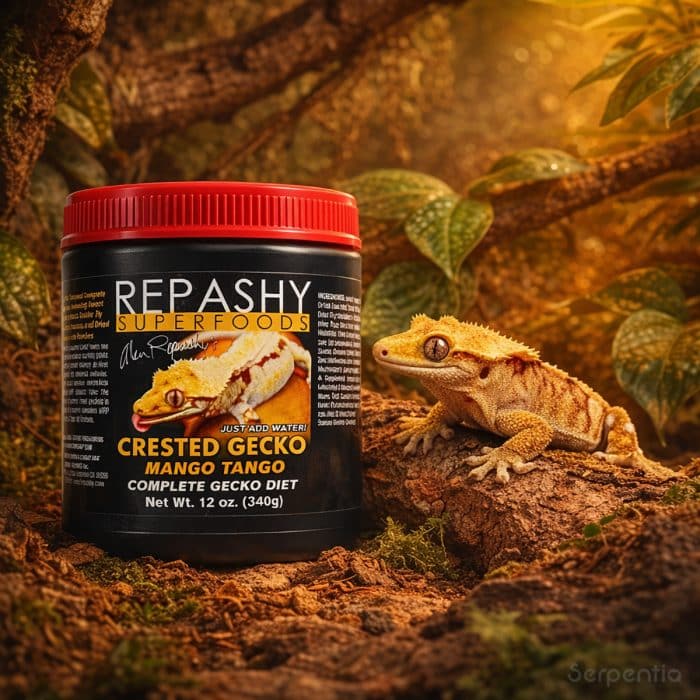 Repashy Mango Tango 340g crested gecko diet shown with a crested gecko