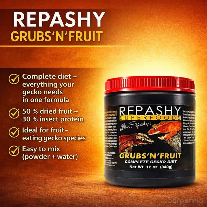 Repashy Grubs N Fruit 340g complete gecko diet product benefits infographic