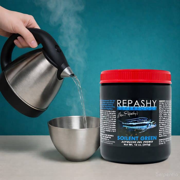 Preparing Repashy Soilent Green fish food by mixing powder with hot water