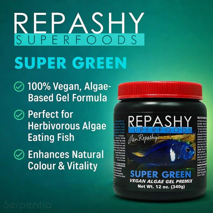 Repashy Super Green 340g herbivore and algae grazing gel fish food features and benefits infographic