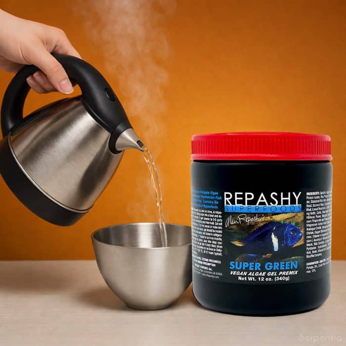Preparing Repashy Super Green fish food by mixing powder with hot water
