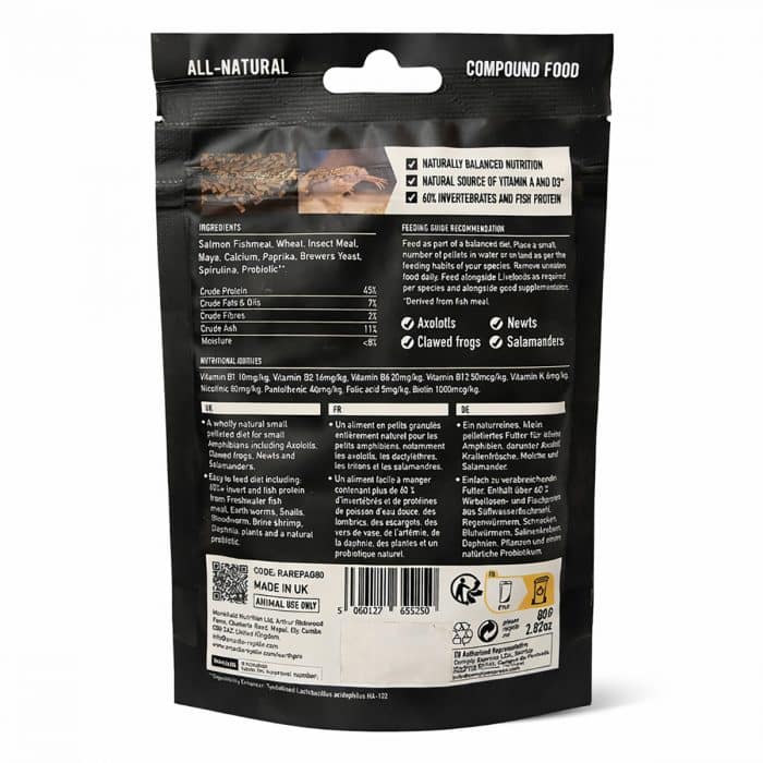 Back of pack showing ingredients feeding guide and nutritional information for Arcadia AmphibiGold aquatic amphibian diet