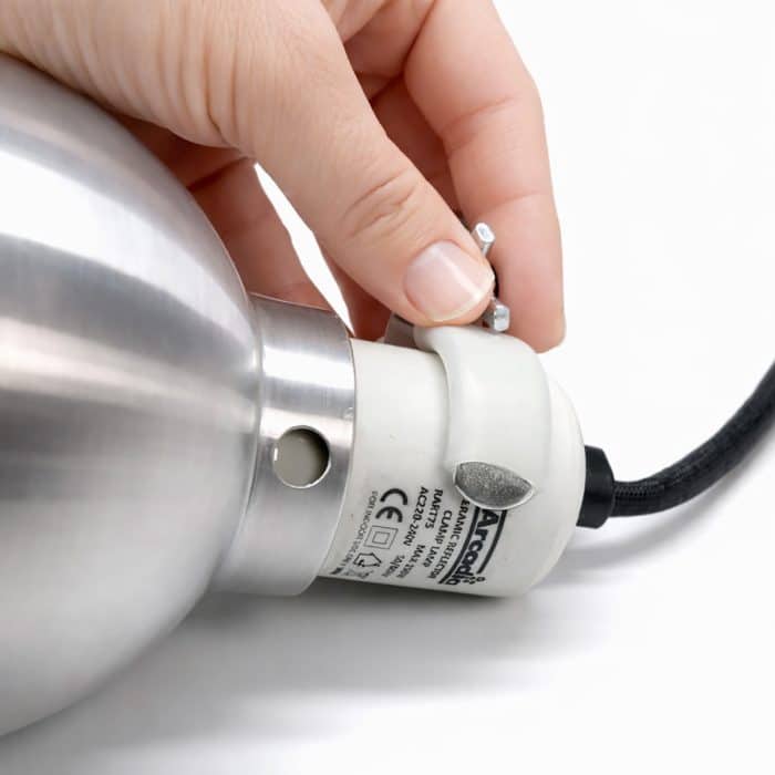 Arcadia ceramic lamp holder showing heat resistant cable entry and holding clamp