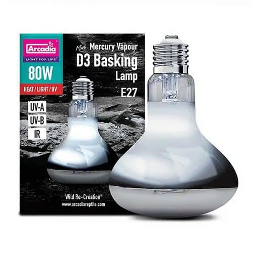 Arcadia D3 Mercury Vapour Basking Lamp 80w shown next to retail packaging