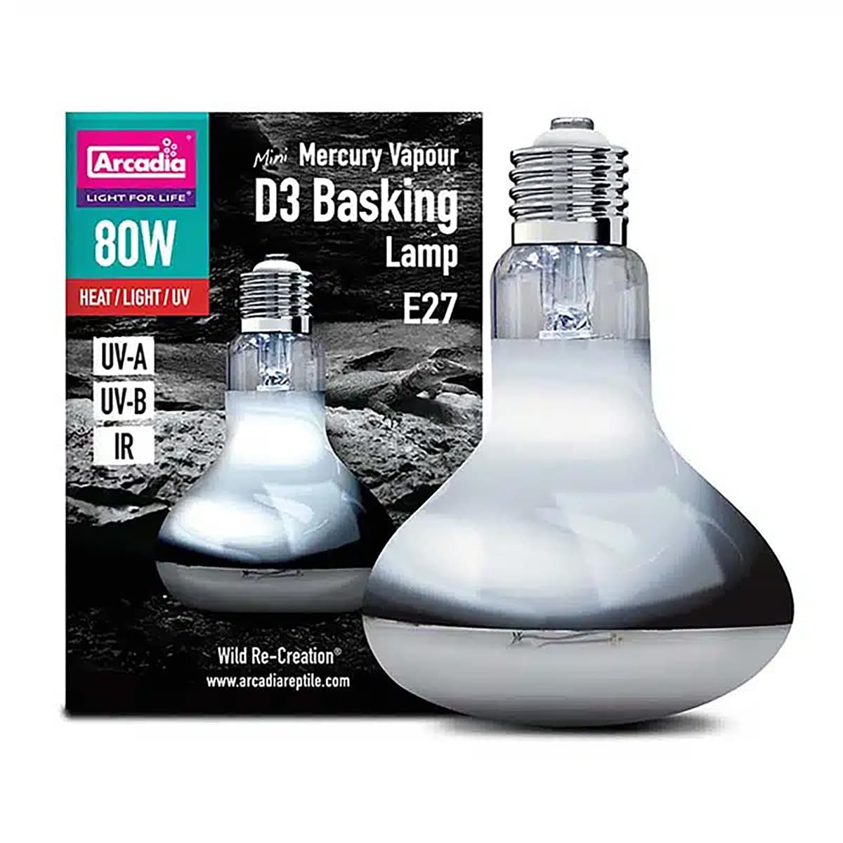 Arcadia D3 Mercury Vapour Basking Lamp 80w shown next to retail packaging