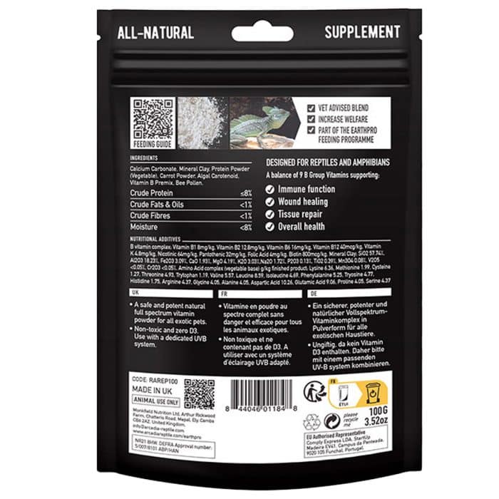 Back of Arcadia EarthPro-A dietary supplement 100g showing ingredients and feeding information