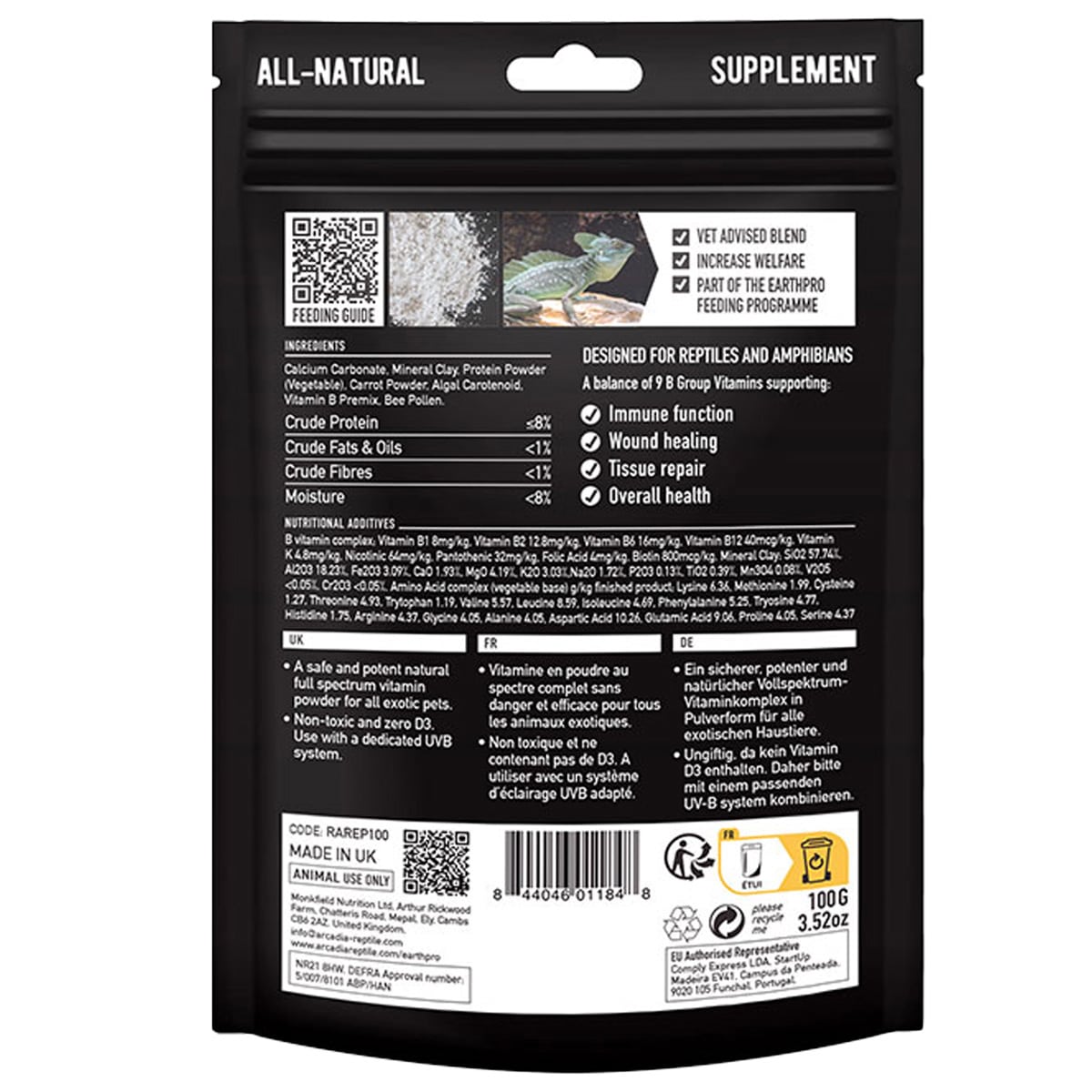 Back of Arcadia EarthPro-A dietary supplement 100g showing ingredients and feeding information