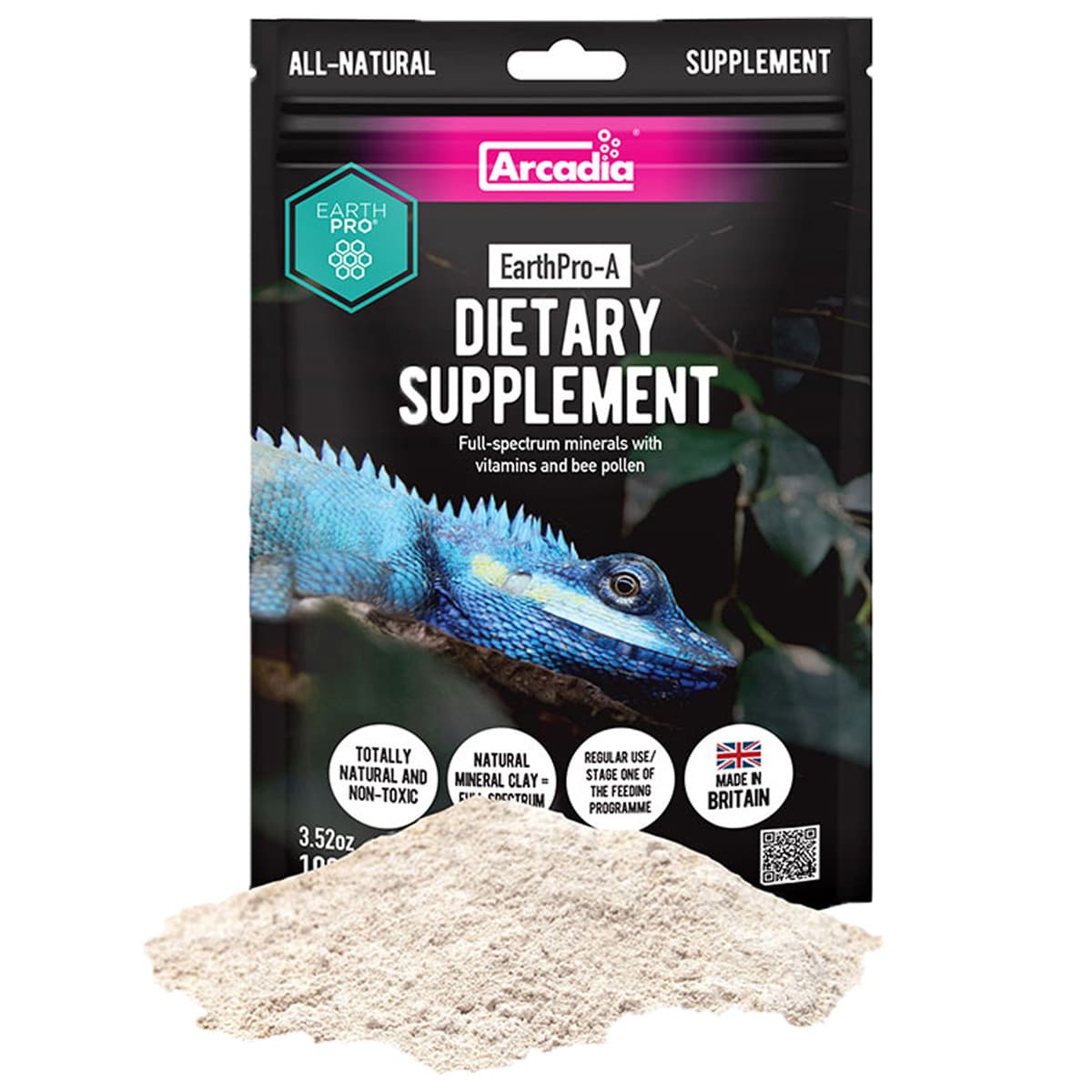 Arcadia EarthPro-A dietary supplement powder with packaging for reptiles and amphibians
