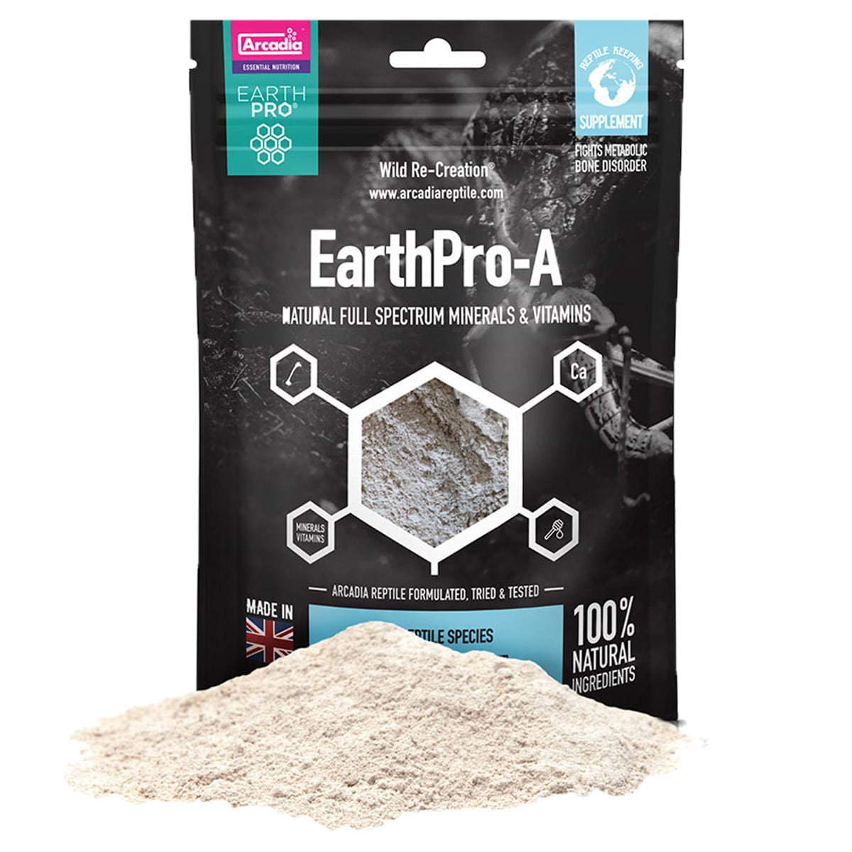 Arcadia EarthPro-A dietary supplement powder with packaging for reptiles and amphibians 350g