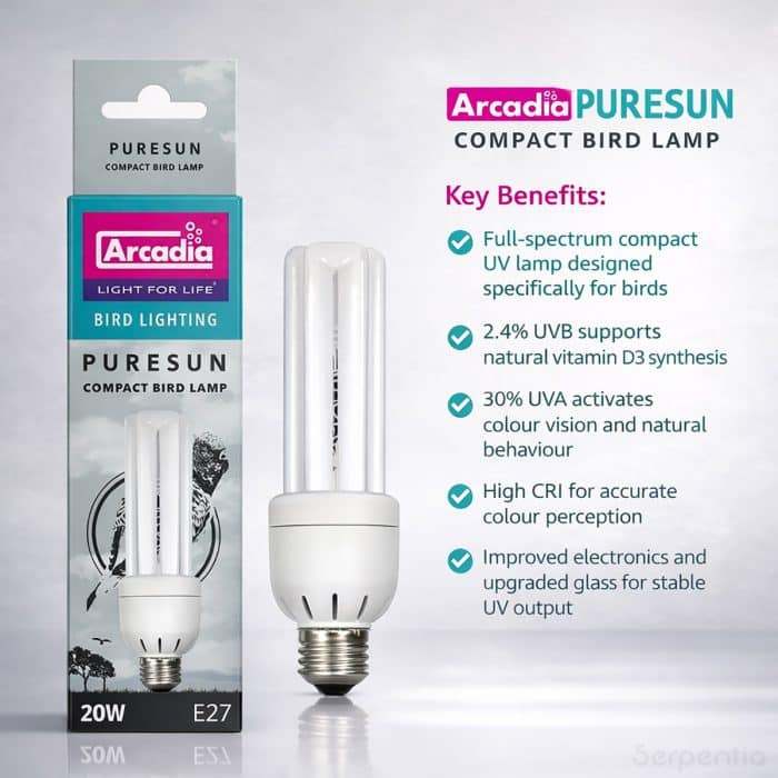 Arcadia PureSun Compact Bird Lamp 20W E27 full spectrum UV light with 2.4 percent UVB and 30 percent UVA for birds