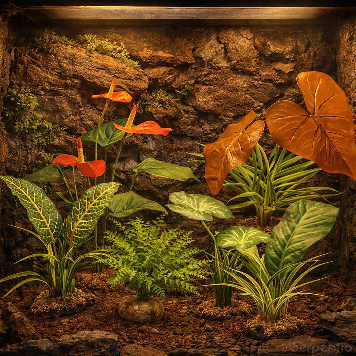 Artificial small Boston Ferb plant in naturalistic vivarium enclosure showing range of artificial plants