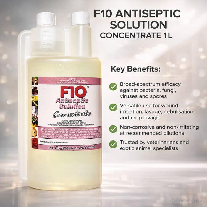 F10 Antiseptic Solution Concentrate 1L key benefits including broad spectrum efficacy and non-irritating formula
