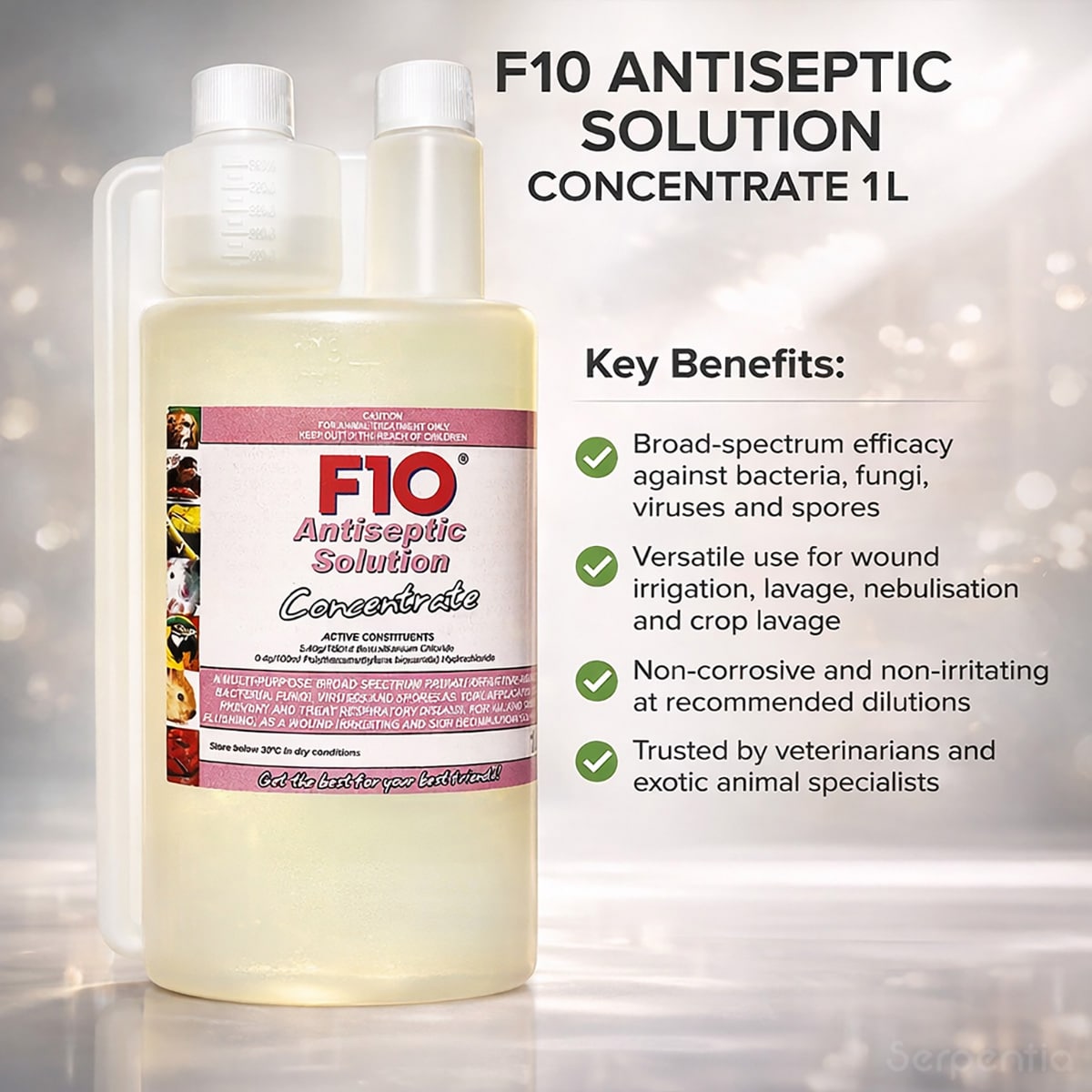 F10 Antiseptic Solution Concentrate 1L key benefits including broad spectrum efficacy and non-irritating formula