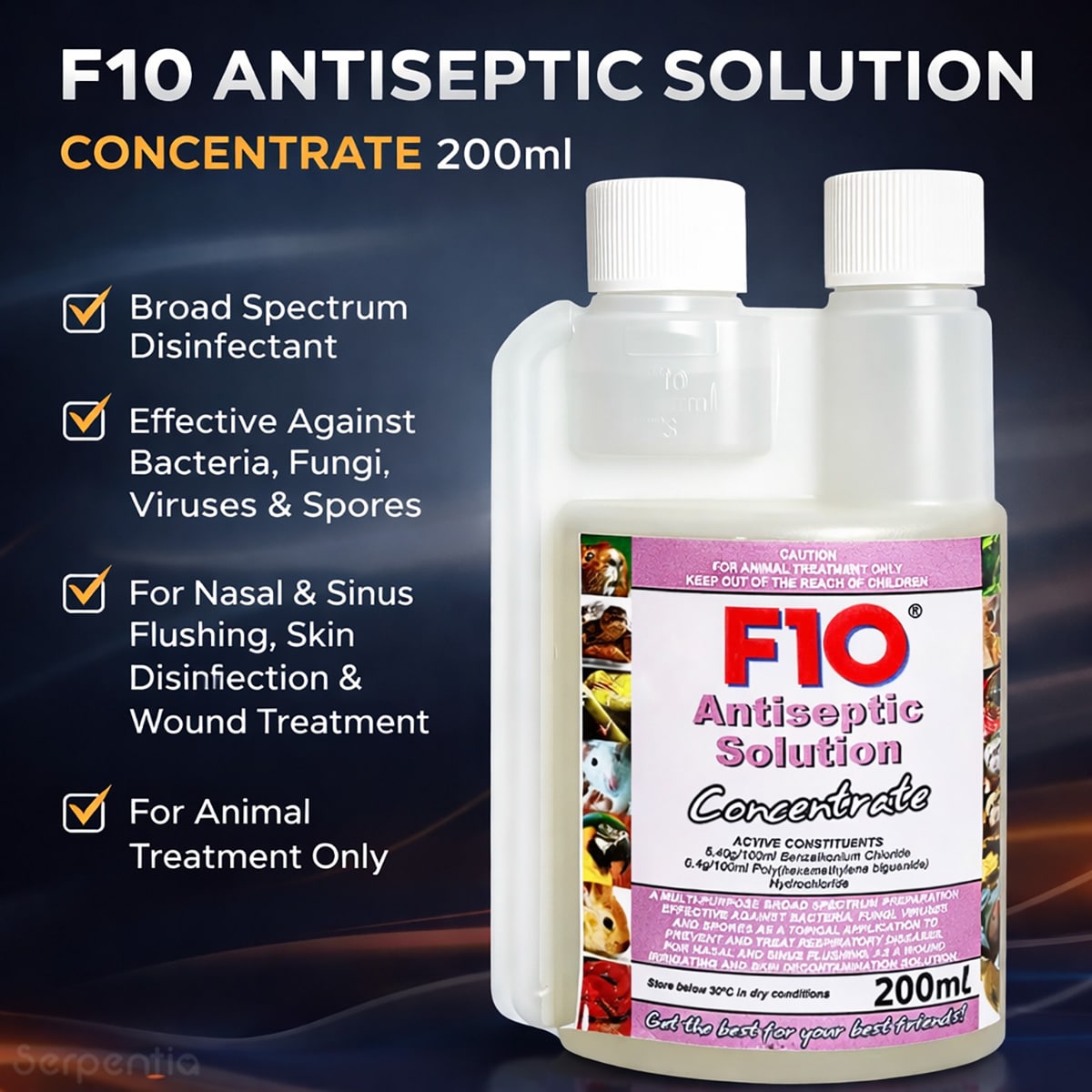 F10 antiseptic solution concentrate showing broad spectrum disinfectant uses