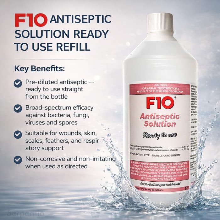 F10 Antiseptic Solution ready to use refill 1 litre pre-diluted broad spectrum veterinary antiseptic with key benefits listed