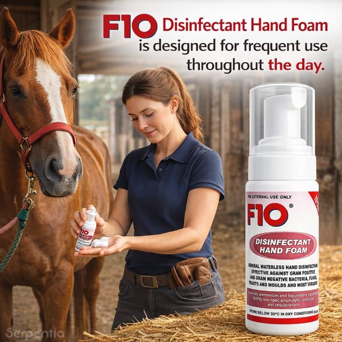 F10 disinfectant hand foam being used in a stable environment around horses