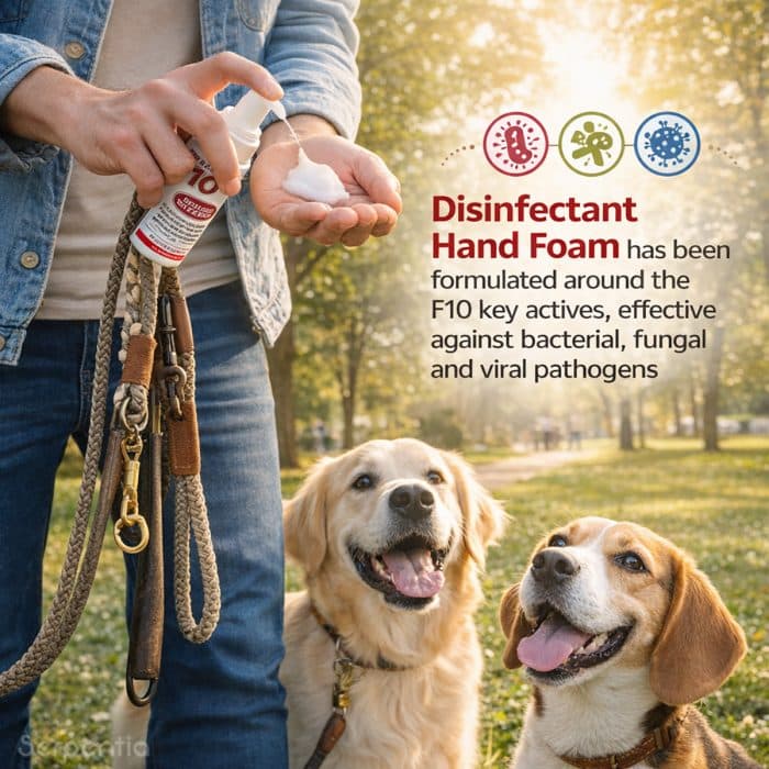 F10 disinfectant hand foam used by pet owner while walking dogs outdoors