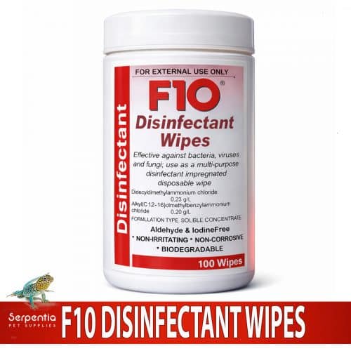 F10 disinfectant wipes 100 pack tub for reptile and pet hygiene, effective against bacteria, viruses and fungi