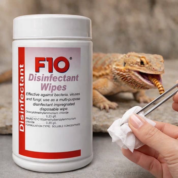F10 disinfectant wipes cleaning reptile feeding tools next to bearded dragon