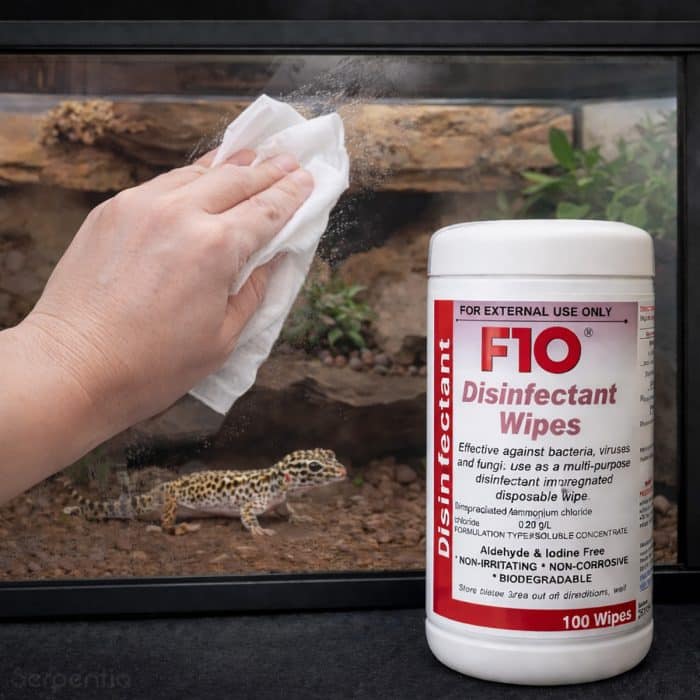 F10 disinfectant wipes cleaning reptile vivarium glass with leopard gecko inside enclosure