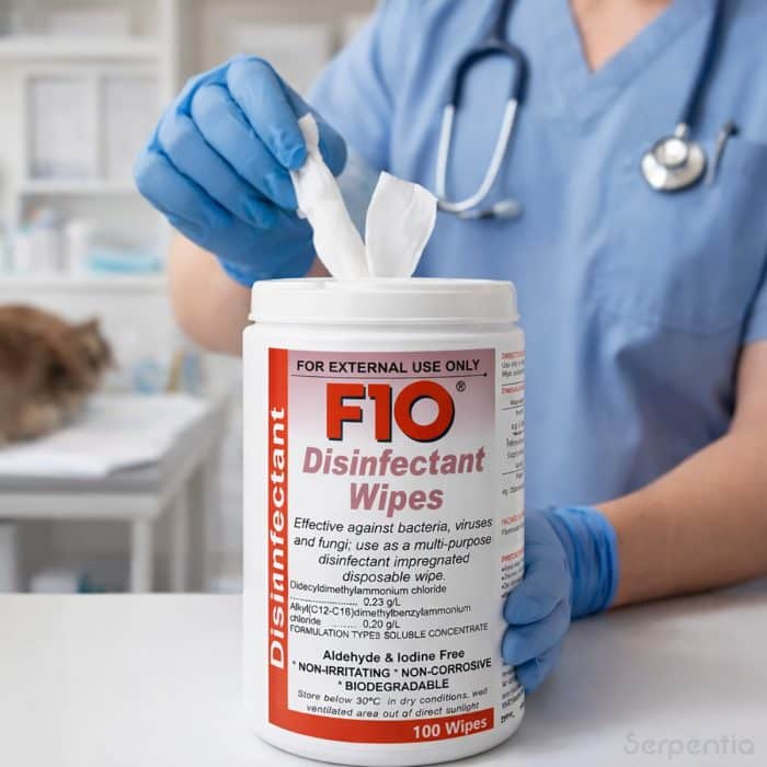 F10 disinfectant wipes being dispensed from tub for hygienic clinical cleaning