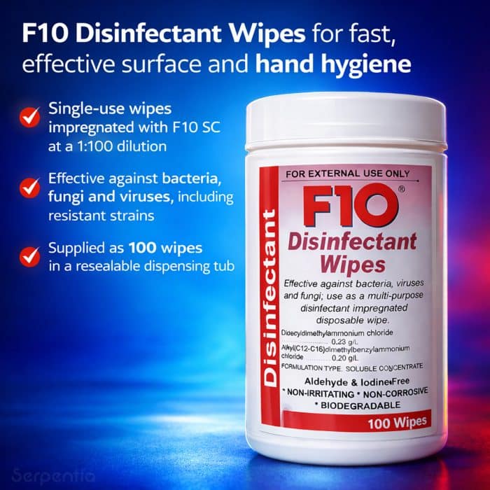 F10 disinfectant wipes infographic highlighting fast surface and hand hygiene with antibacterial, antiviral and antifungal protection