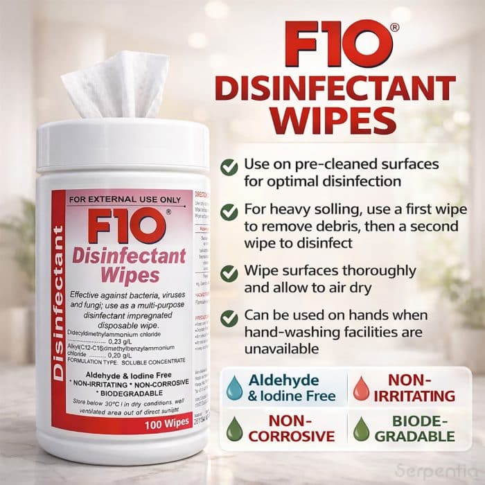 F10 disinfectant wipes usage instructions showing safe surface disinfection and key benefits