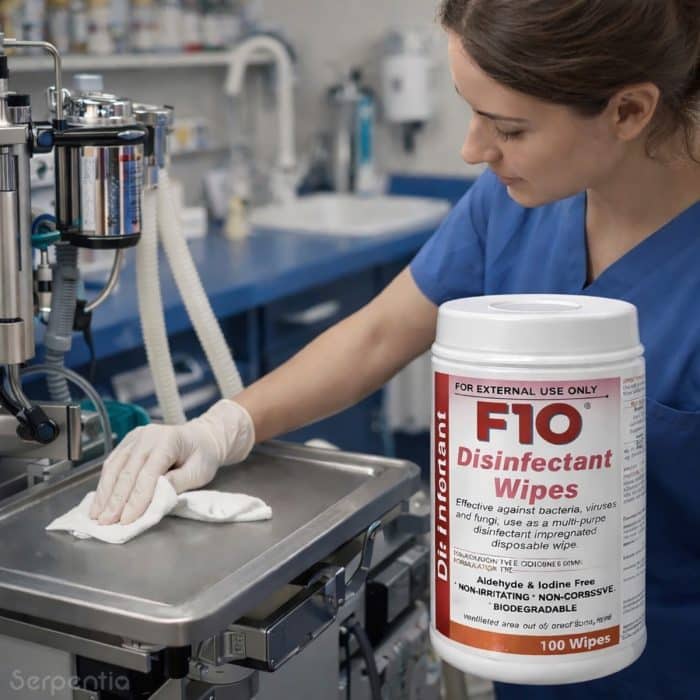 F10 disinfectant wipes used to clean veterinary equipment surface in clinical setting